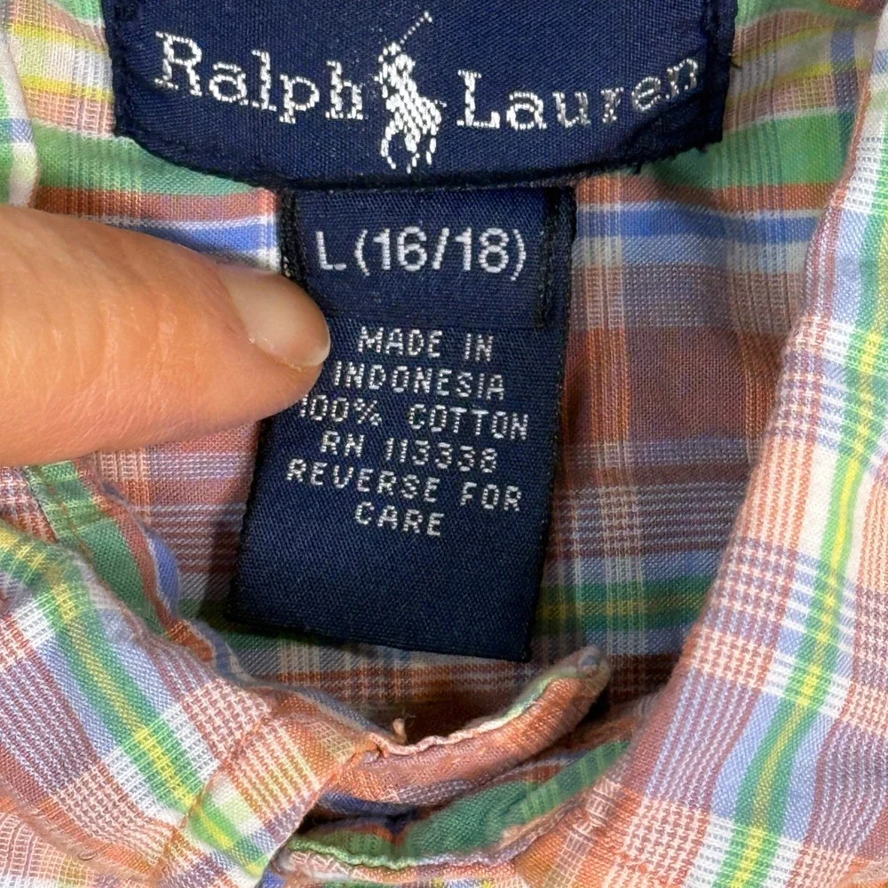 Ralph Lauren Boys Large Plaid Short Sleeve Button Down Shirt Orange‎ Green Blue
